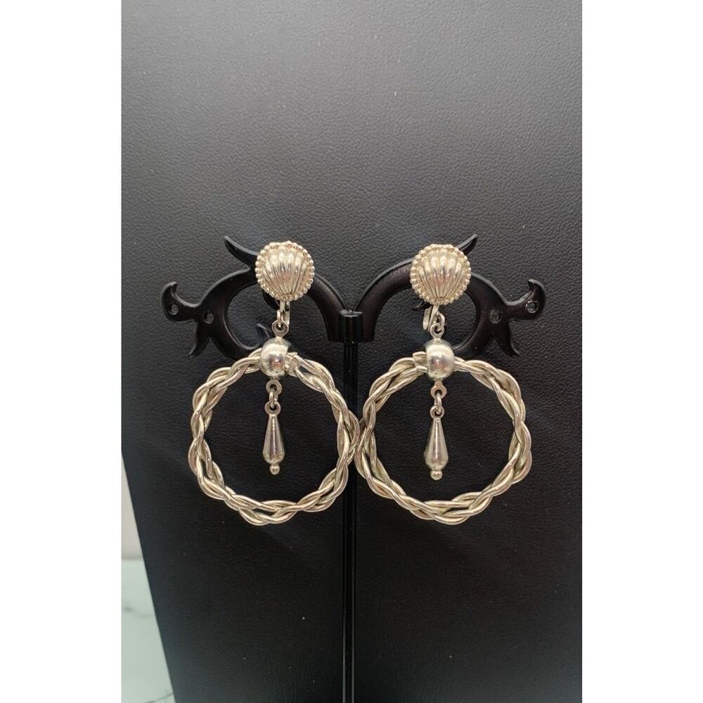 Vintage Silver‎ Tone Twisted Hoop With Dangle Screw Back Modernist Earrings